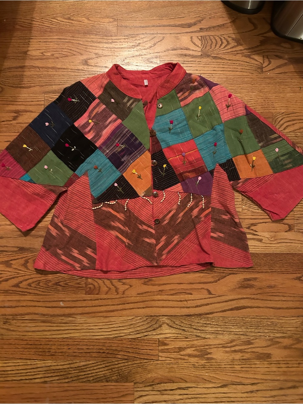 Bohemian Hippie Structured Patchwork Red/Orange Top W/ Three Quarter Sleeves